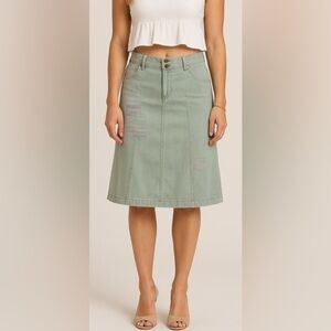BCBGirls Sage Green Lightweight Denim A-Line Skirt with Cute Accent Stitching, 8
